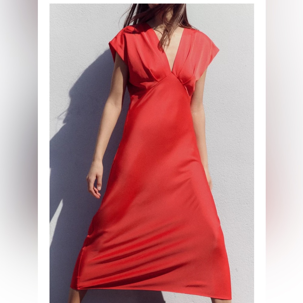 Zara Satin Red Dress NWT - Picture 7 of 11